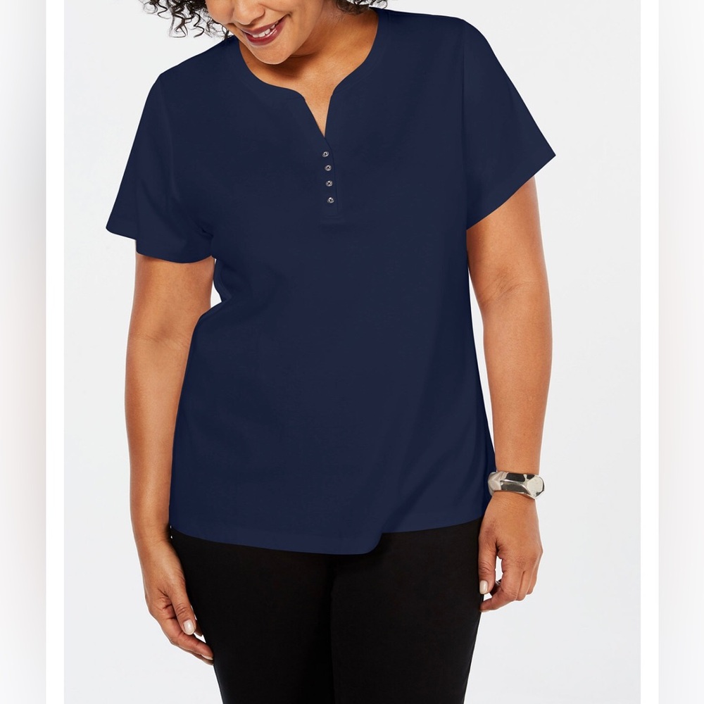 Karen Scott Navy Blue Notch-Neck Henley Short Sleeve Top, Plus Size 2X, NWT